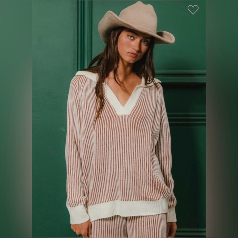 Bibi Striped V-Neck Sweater and Pants Set - Cream and Brown